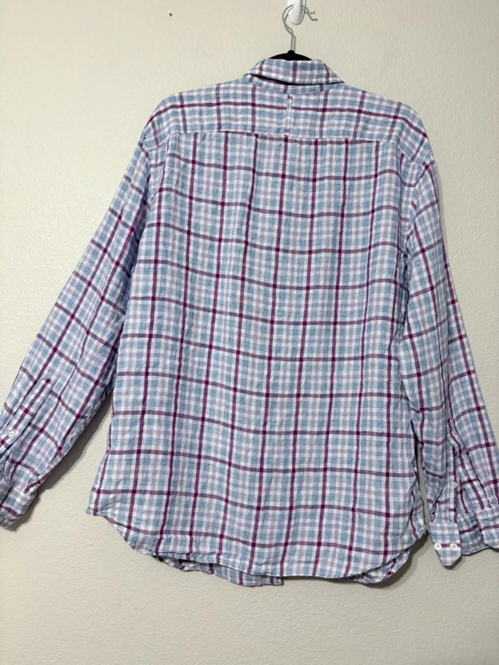 Men’s Banana Republic Linen Purple Blue Plaid Button-Down Shirt Camden Fit L